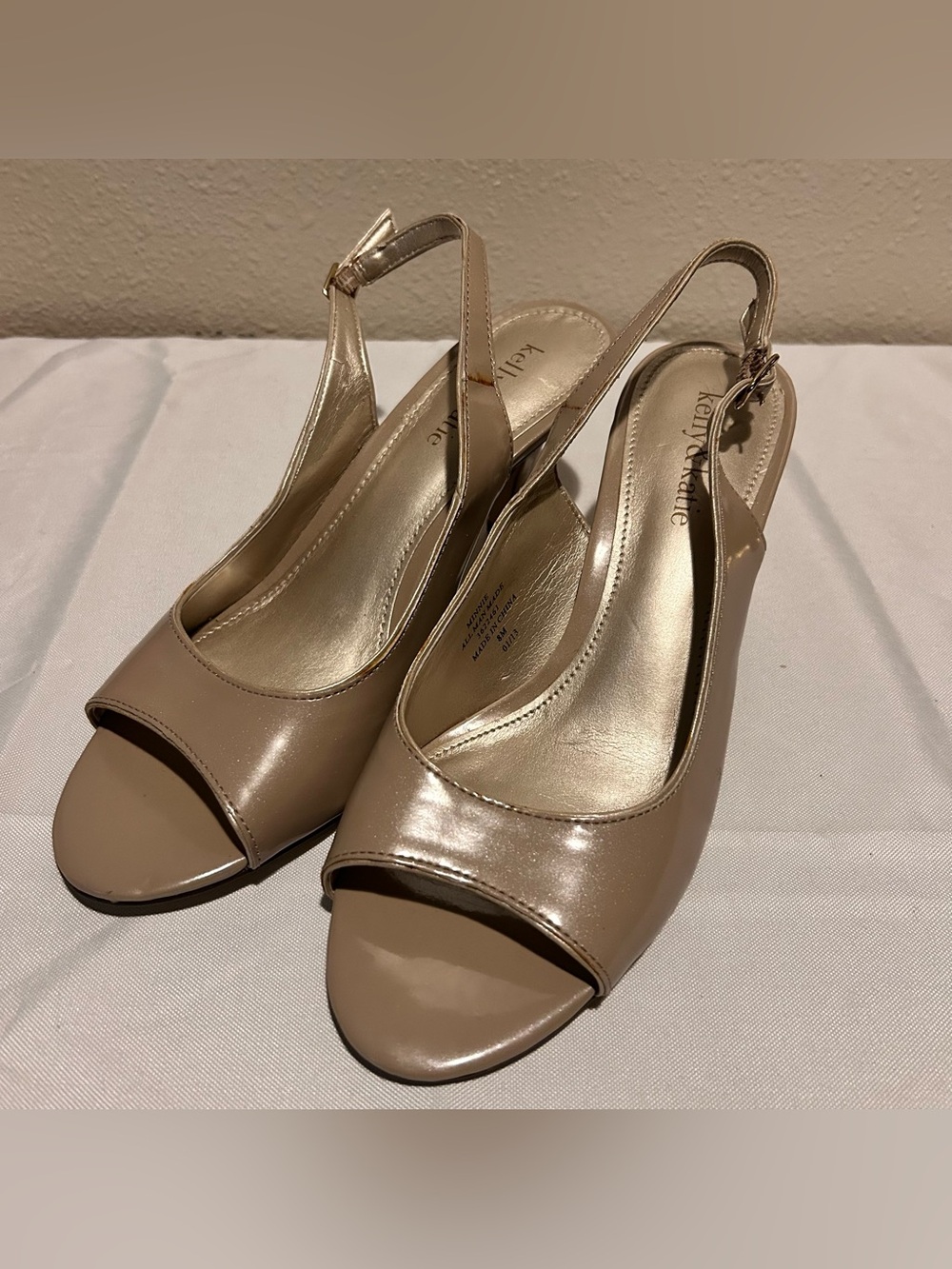 Kelly & Katie Taupe Patent Slingback Peep-Toe Heels